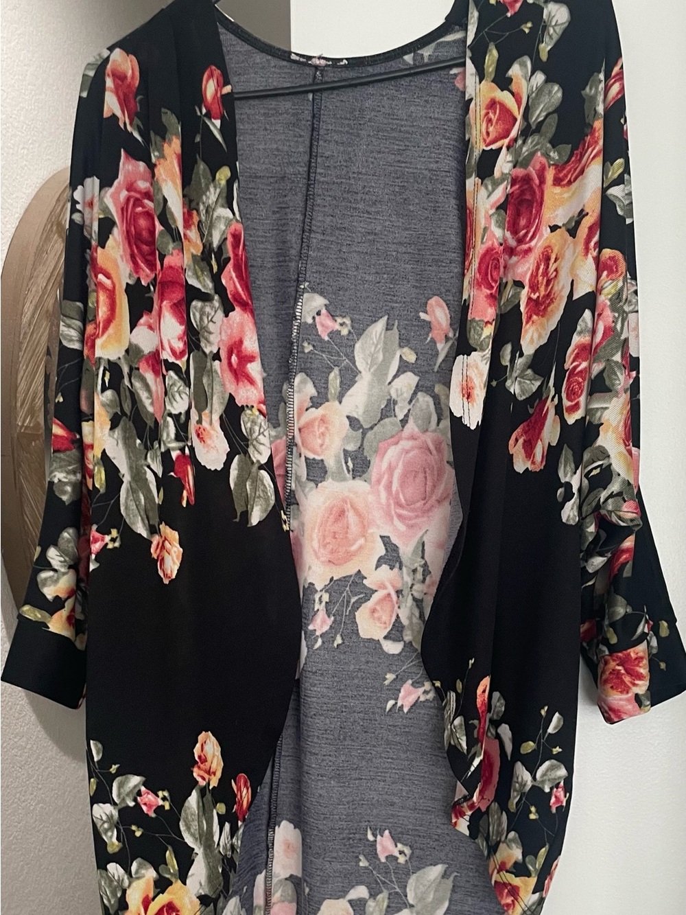 Source Unknown Black Floral Open Cardigan with Pink & Green Roses